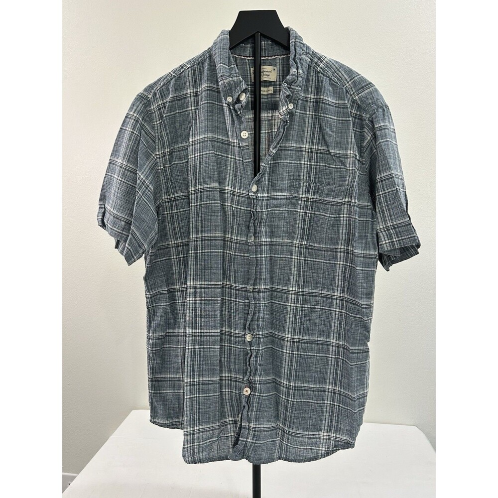 Weatherproof Vintage Mens Size XL Washable Linen Blend Button Up Plaid Blue